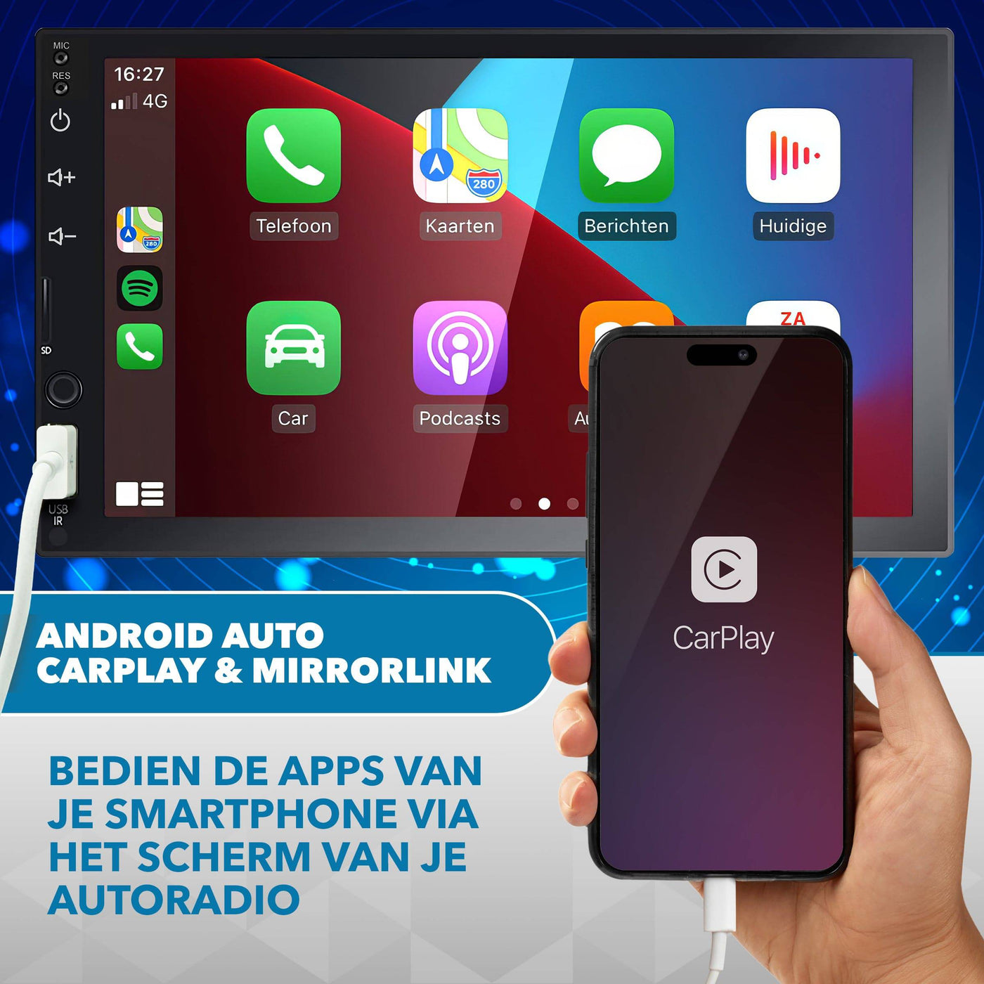 Universele Autoradio met APPLE CARPLAY en ANDROID AUTO, Bluetooth, USB & Aux - Handsfree - Mirrorlink - Radio met Microfoon - GRATIS Achteruitrijcamera - AC products