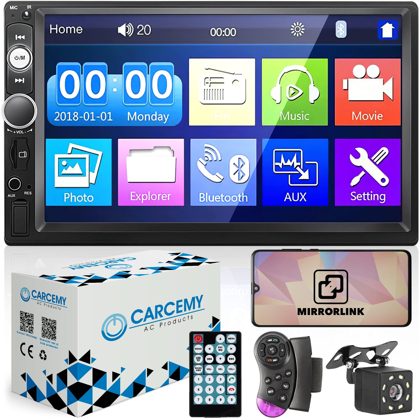 Carcemy Autoradio met Bluetooth voor alle auto's - USB & Aux - Handsfree bellen - Mirrorlink - Met ingebouwde Microfoon - Inclusief 8 Led Achteruitrijcamera - AC products