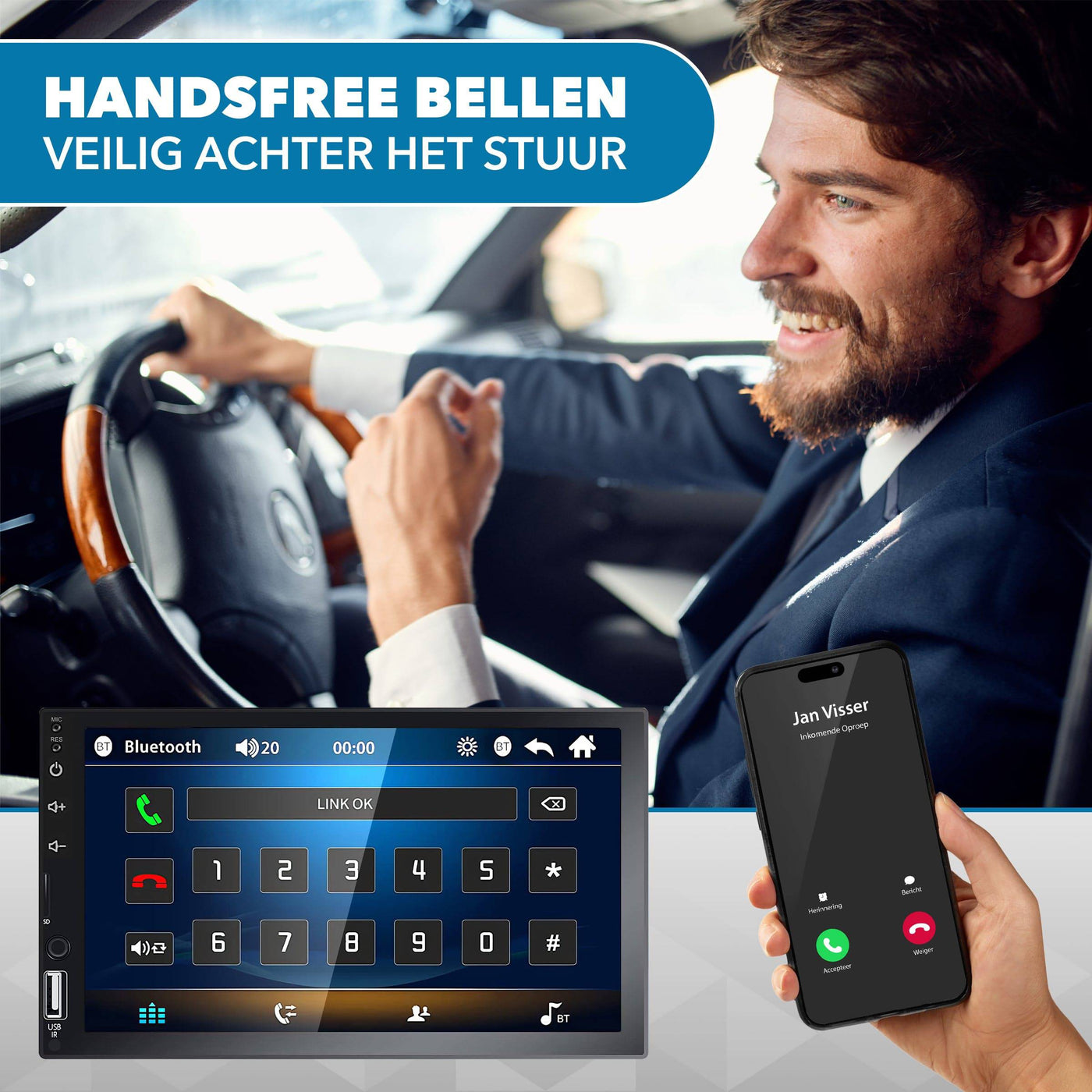 Universele Autoradio met Bluetooth, USB & Aux - Handsfree - Mirrorlink - Radio met Microfoon - Inclusief Achteruitrijcamera - AC products