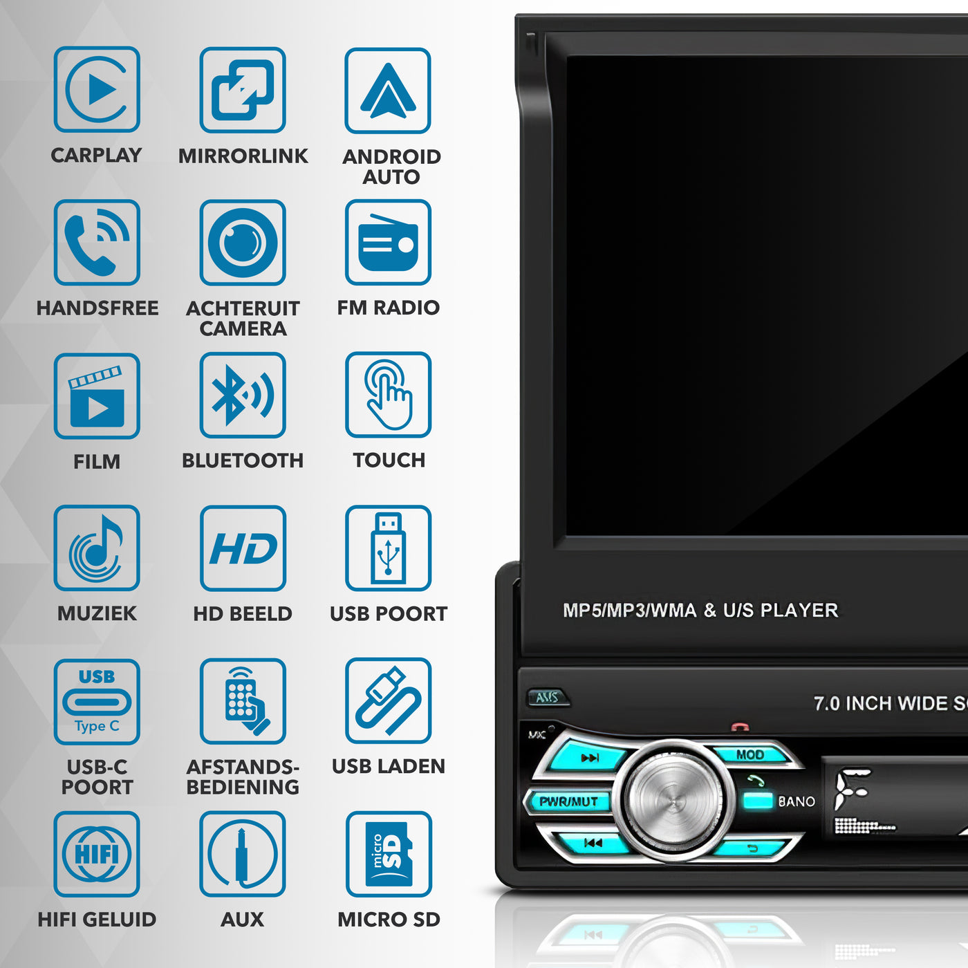 Universele ANDROID Autoradio klapscherm 1 din | CarPlay & Android Auto | Navigatie